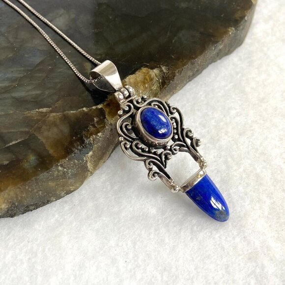 Sterling Silver 925 Lapis Lazuli Scrollwork 2 Stone Pendant Necklace 18" Chain - Picture 5 of 16